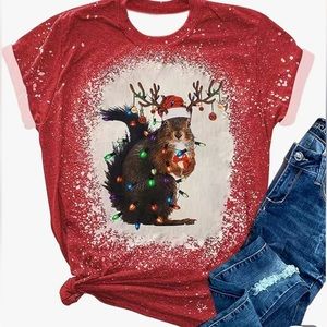 NEW Christmas Squirrel Print T-shirt, Casual Short Sleeve Crew Neck T-shirt